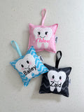 personalised kids tooth fairy pillow in blue, black and pink