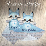 Personalised blue chevron fox snuggle buddy security blanket with soft minky backing 