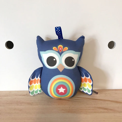 Navy blue owl rattle baby