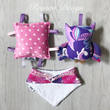 'Grace' purple OWL Gift Set Rattle, bib & taggy