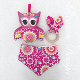 Pink mandala owl rattle, bib and wooden teething ring 