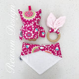 Baby Girl OWL Rattle, bib, teether - gift set