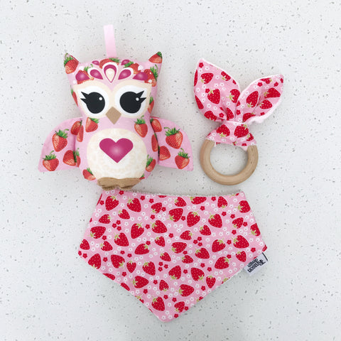 Pink strawberry owl rattle, bib & wooden teething ring 