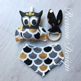 Neutral black & gold OWL Gift Set Rattle, bib & teether