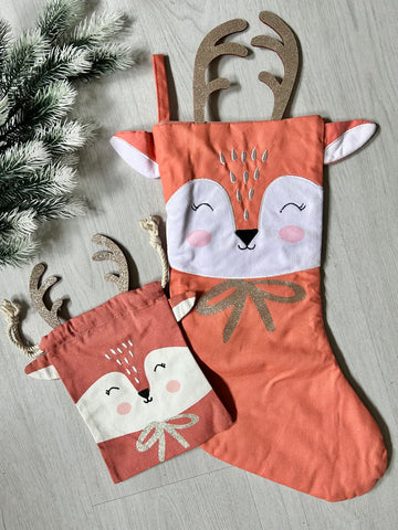 Orange reindeer stocking & mini bag set