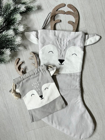 Grey reindeer stocking & mini bag set